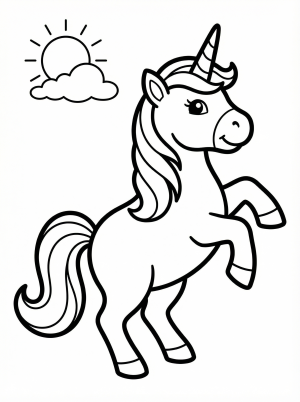 Free printable coloring page showing a playful cartoon unicorn with a flowing mane, perfect for kids to practice creativity and fine motor skills