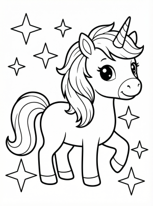 Free printable coloring page showing an adorable unicorn with stars, perfect for kids to practice fine motor skills and creativity