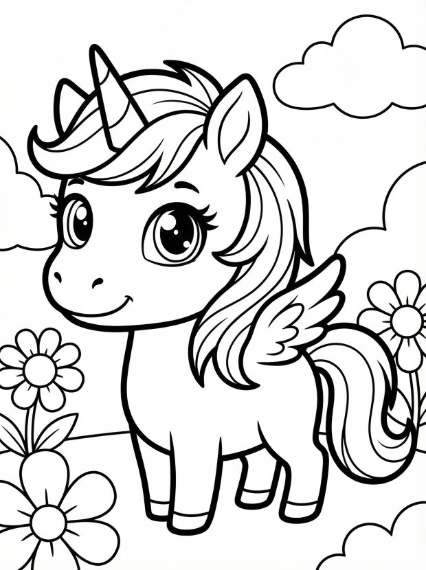 Free printable coloring page showing a chibi unicorn with wings and flowers, perfect for kids to practice fine motor skills and creativity