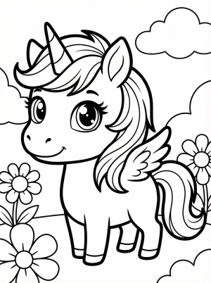 Free printable coloring page showing a chibi unicorn with wings and flowers, perfect for kids to practice fine motor skills and creativity