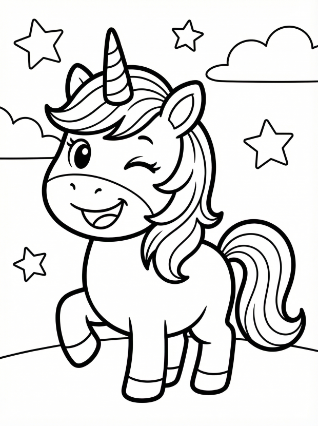 Free printable coloring page showing a cute unicorn winking with stars and clouds, perfect for kids to practice fine motor skills and creativity