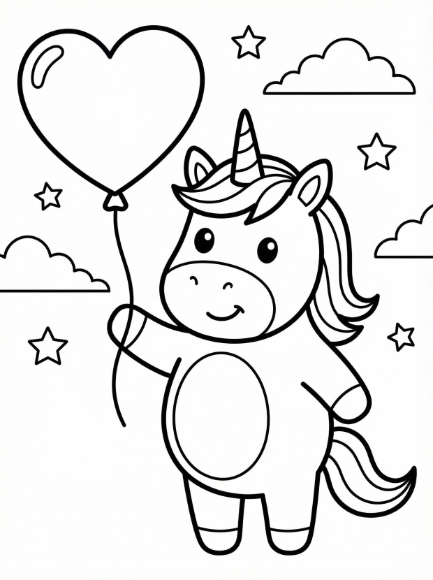 Free printable coloring page showing a cute unicorn holding a heart balloon, perfect for kids to practice coloring and creativity.