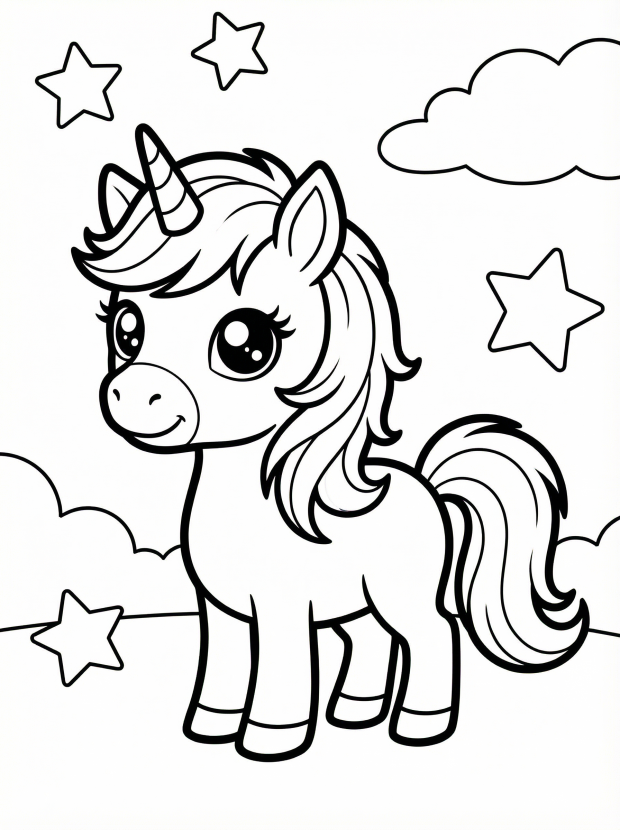 Free printable coloring page showing a cute unicorn with big eyes and stars, perfect for kids to practice creativity and fine motor skills