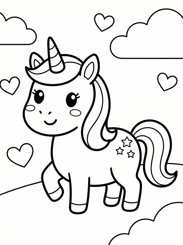 Free printable coloring page showing a kawaii unicorn smiling, perfect for kids to practice coloring and spark imagination