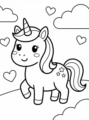 Free printable coloring page showing a kawaii unicorn smiling, perfect for kids to practice coloring and spark imagination