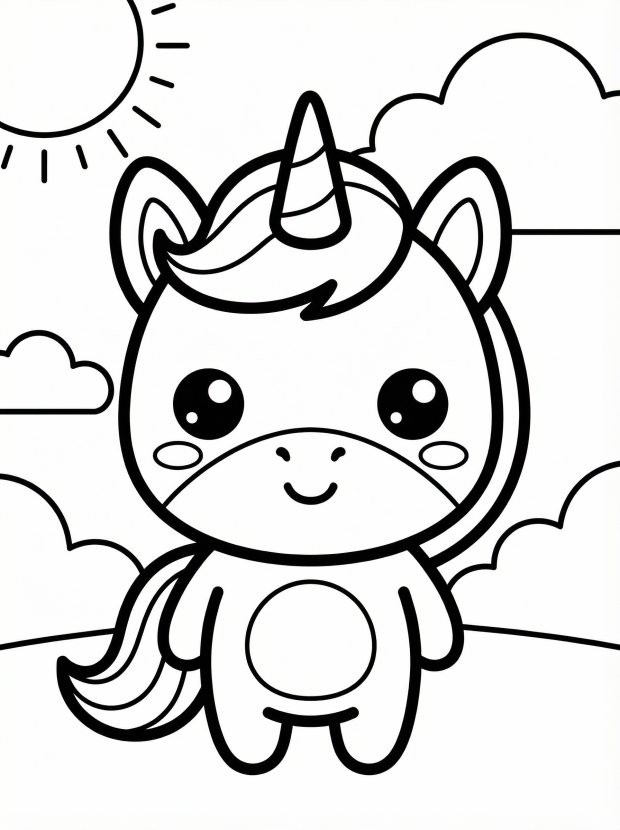 Free printable coloring page showing a tiny kawaii unicorn with a smiling face and simple shapes, perfect for kids to practice coloring and creativity