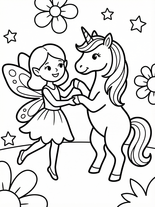 Free printable coloring page showing a dancing fairy holding hooves with a unicorn, perfect for kids to practice coloring and creativity
