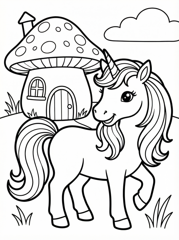 Free printable coloring page showing a unicorn beside a fairy house, perfect for kids to practice coloring and spark imagination