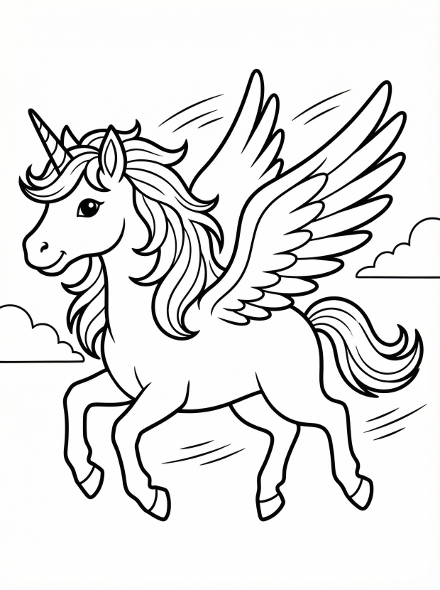 Free printable coloring page showing a flying unicorn racing across clouds, perfect for kids to practice coloring and imaginative play