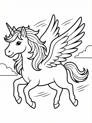 Free printable coloring page showing a flying unicorn racing across clouds, perfect for kids to practice coloring and imaginative play