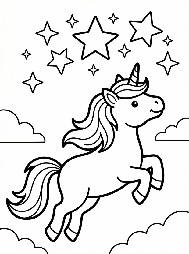 Free printable coloring page showing a unicorn ascending to stars, perfect for kids to practice color choice and fine motor control
