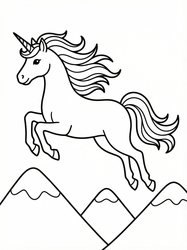 Free printable coloring page showing a unicorn flying over mountains, perfect for kids to practice creativity and fine motor skills