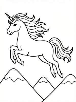 Free printable coloring page showing a unicorn flying over mountains, perfect for kids to practice creativity and fine motor skills