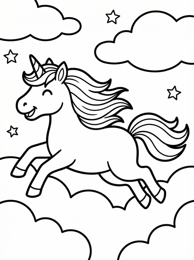 Free printable coloring page showing a unicorn flying through clouds and stars, perfect for kids to practice coloring and creativity