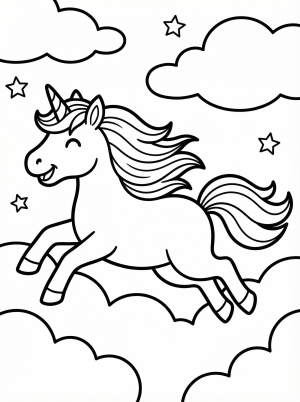 Free printable coloring page showing a unicorn flying through clouds and stars, perfect for kids to practice coloring and creativity
