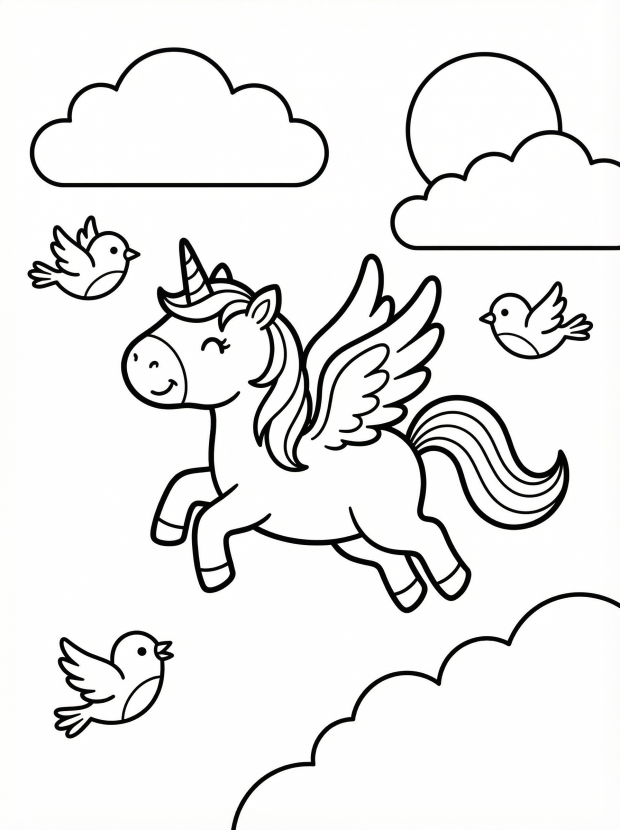 Free printable coloring page showing a flying unicorn with birds, perfect for kids to practice creativity and fine motor skills