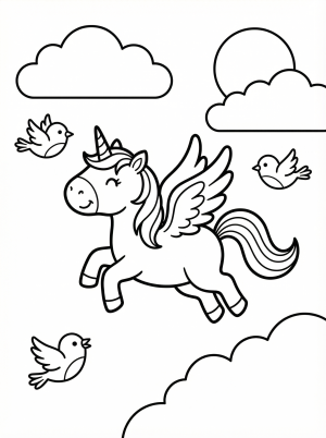 Free printable coloring page showing a flying unicorn with birds, perfect for kids to practice creativity and fine motor skills