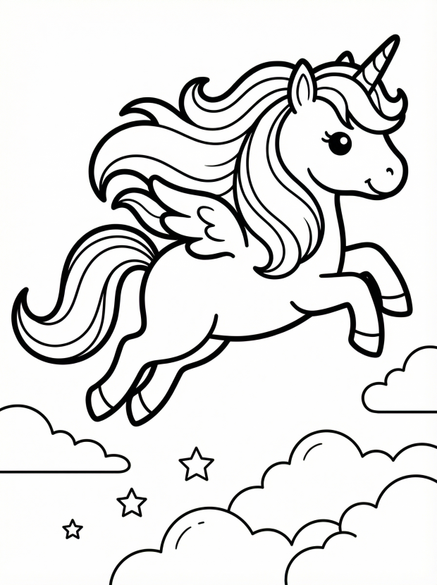Free printable coloring page showing a unicorn gliding through the air with clouds and stars, perfect for kids to practice coloring and creativity