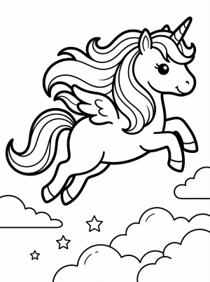 Free printable coloring page showing a unicorn gliding through the air with clouds and stars, perfect for kids to practice coloring and creativity