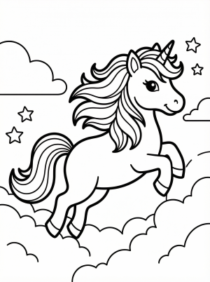 Free printable coloring page showing a unicorn jumping through clouds, perfect for kids to practice coloring and spark imaginative play