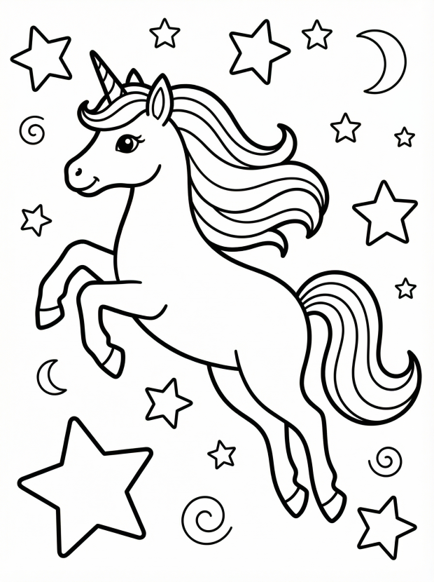 Free printable coloring page showing a unicorn leaping among stars and moons, perfect for kids to practice coloring and spark imagination