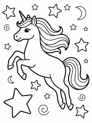 Free printable coloring page showing a unicorn leaping among stars and moons, perfect for kids to practice coloring and spark imagination