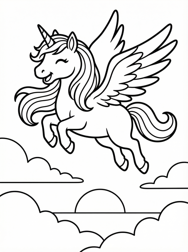 Free printable coloring page showing a unicorn soaring at sunset, perfect for kids to practice creativity and color recognition