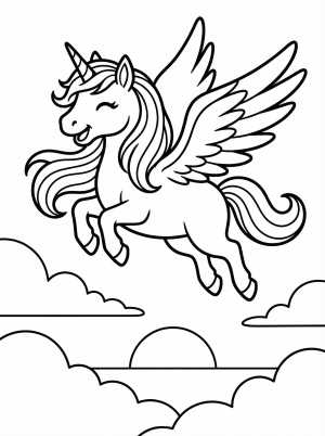 Free printable coloring page showing a unicorn soaring at sunset, perfect for kids to practice creativity and color recognition
