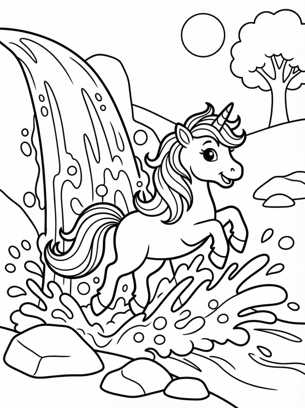 Free printable coloring page showing a unicorn splashing through a waterfall, perfect for kids to practice coloring and creativity