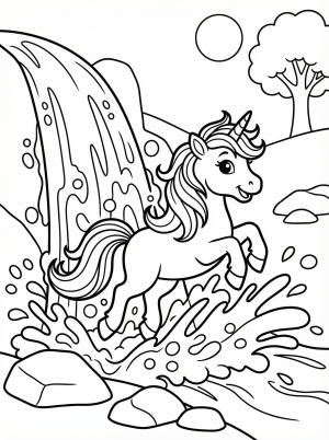 Free printable coloring page showing a unicorn splashing through a waterfall, perfect for kids to practice coloring and creativity
