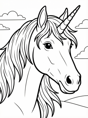 Free printable coloring page showing a lifelike unicorn portrait with flowing mane, perfect for kids to practice fine motor skills and creativity