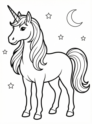 Free printable coloring page showing a noble full body unicorn with flowing mane and stars, perfect for kids to practice creativity and fine motor skills