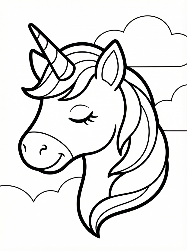 Free printable coloring page showing a peaceful unicorn head with closed eyes, perfect for kids to practice coloring and calm focus