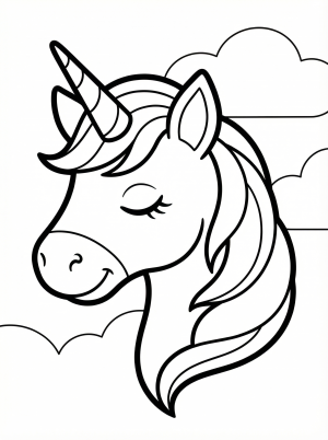 Free printable coloring page showing a peaceful unicorn head with closed eyes, perfect for kids to practice coloring and calm focus