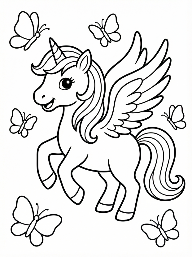 Free printable coloring page showing a rainbow unicorn with butterflies, perfect for kids to practice fine motor skills and creativity.