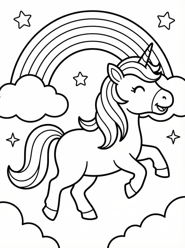 Free printable coloring page showing a prancing rainbow unicorn with clouds and stars, perfect for kids to practice creativity and fine motor skills