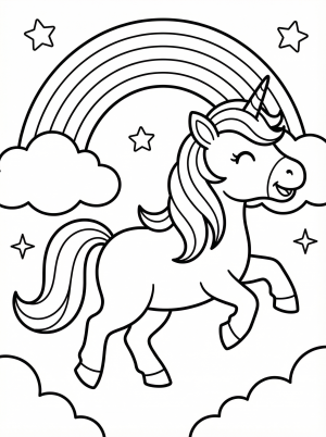 Free printable coloring page showing a prancing rainbow unicorn with clouds and stars, perfect for kids to practice creativity and fine motor skills