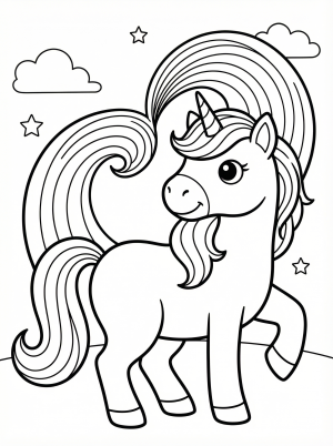 Free printable coloring page showing a smiling unicorn with a rainbow mane and stars, perfect for kids to practice creativity and fine motor skills