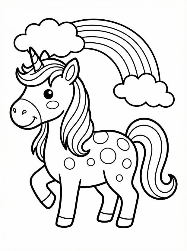 Free printable coloring page showing a unicorn with rainbow spots under a rainbow, perfect for kids to practice creativity and color recognition