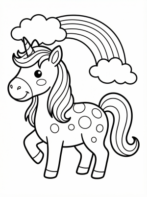 Free printable coloring page showing a unicorn with rainbow spots under a rainbow, perfect for kids to practice creativity and color recognition