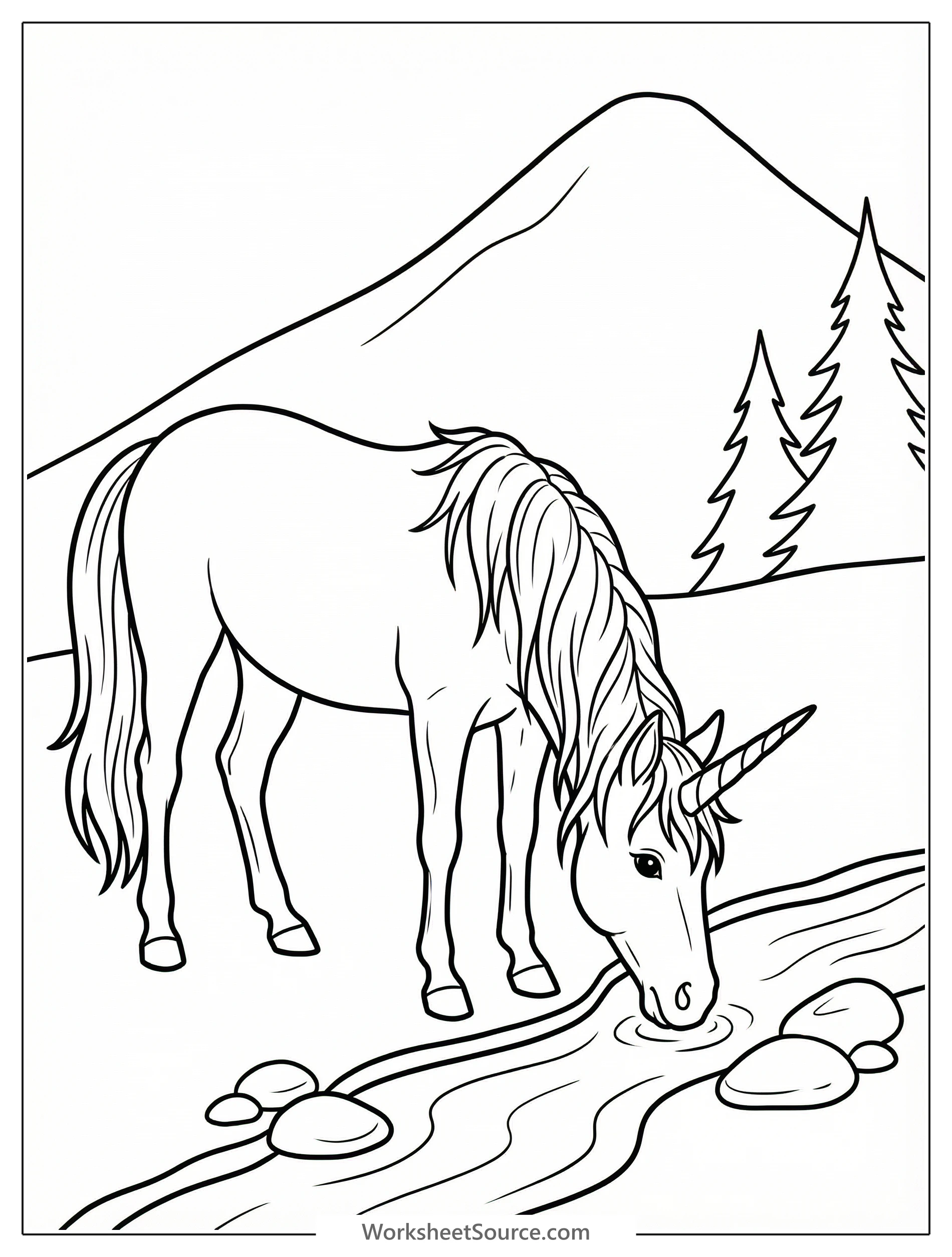 Realistic Unicorn at Stream — Mewarnai