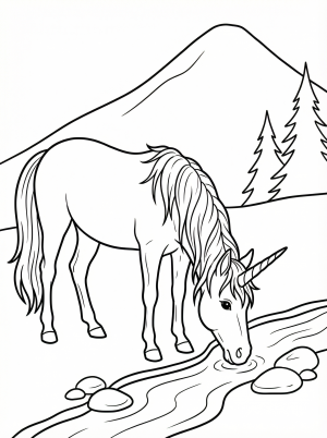 Realistic Unicorn at Stream coloring page