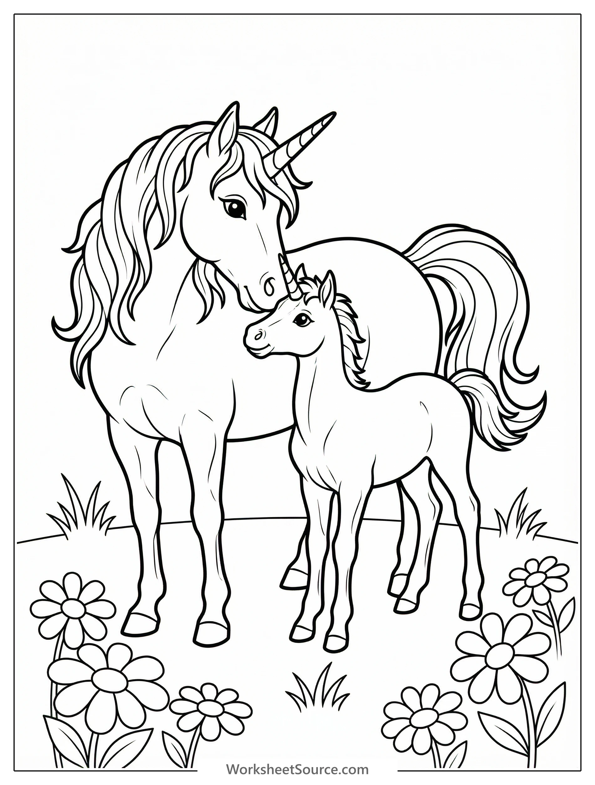 Realistic Unicorn Family Scene — Mewarnai