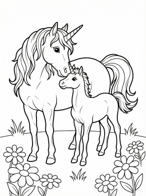 Free printable coloring page showing a realistic unicorn family scene with parent and foal, perfect for kids to practice coloring and creativity