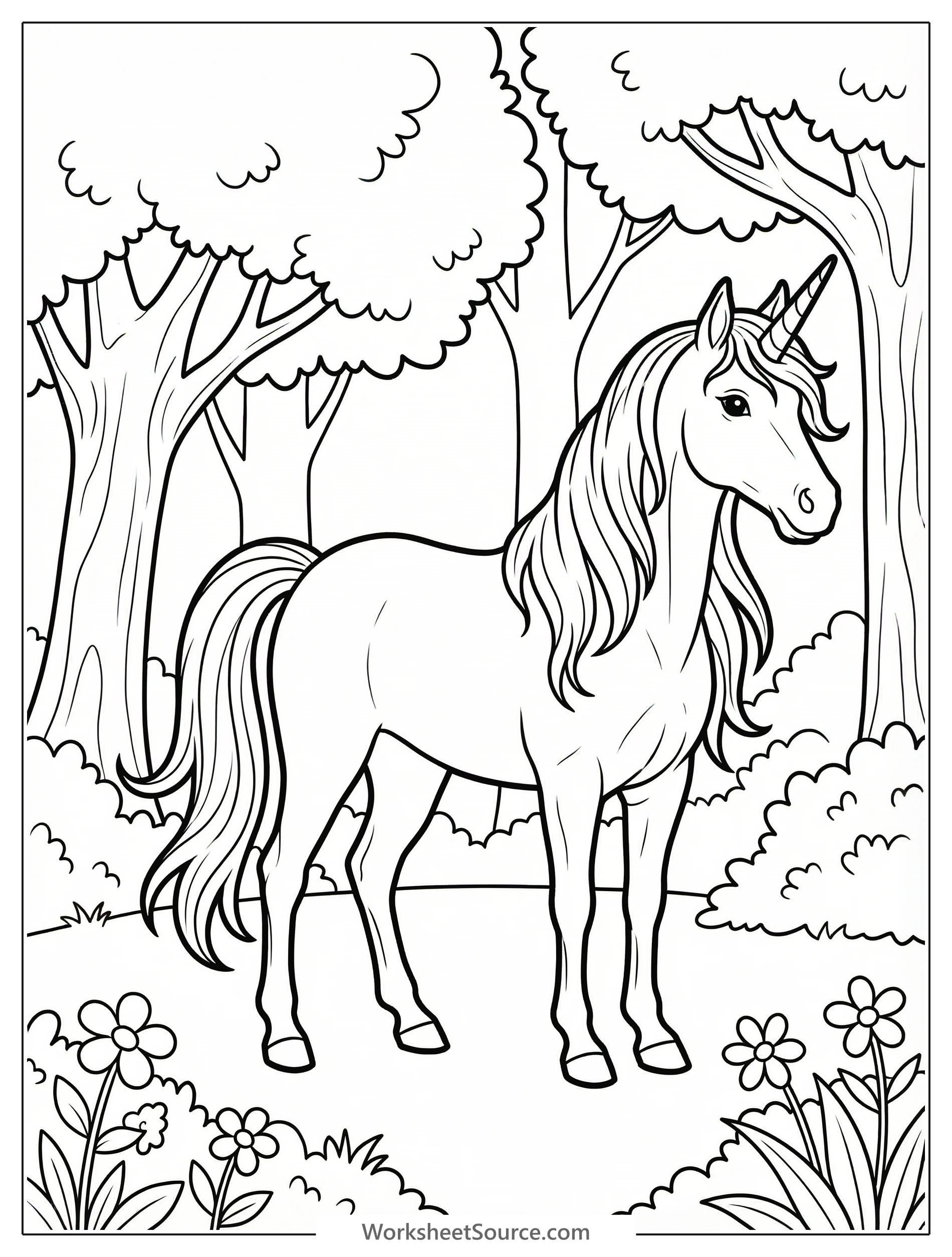 Realistic Unicorn in Forest — रंग भरना