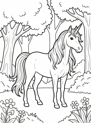 Free printable coloring page showing a realistic unicorn in a forest, perfect for kids to practice coloring and build creativity