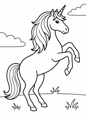 Free printable coloring page showing a realistic rearing unicorn, perfect for kids to practice coloring skills and imagination