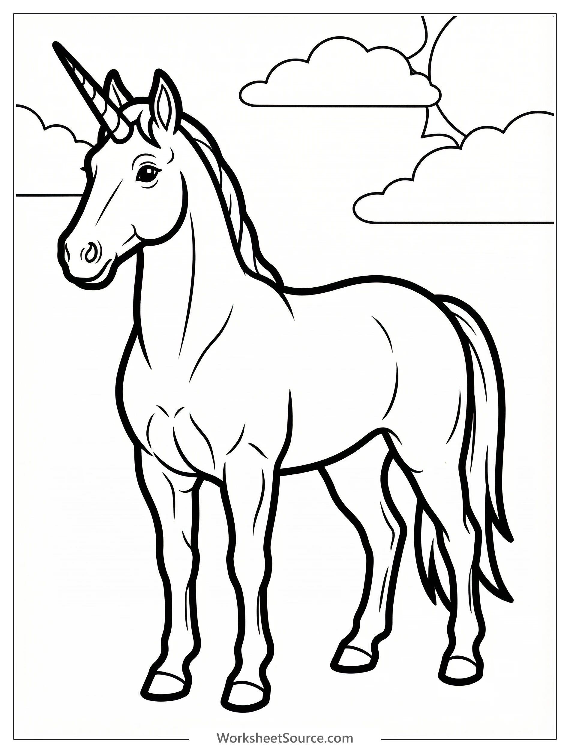 Line art illustration of a powerful, realistic unicorn with visible muscle definition in its legs, chest, and flank, standing gracefully.