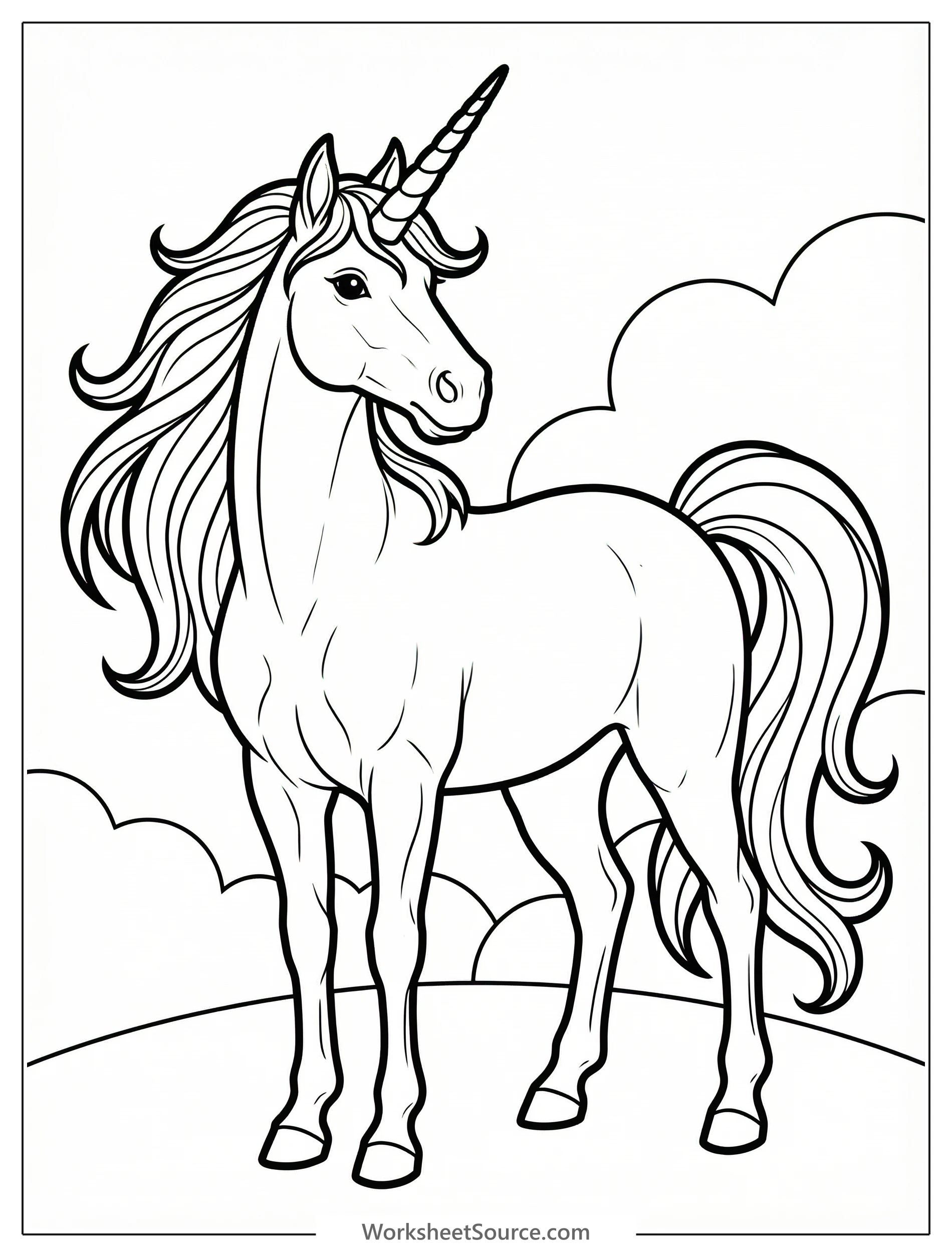 Highly detailed line art illustration of a majestic realistic unicorn standing gracefully, featuring a long flowing mane and tail, an ornate spiral horn, and defined musculature.