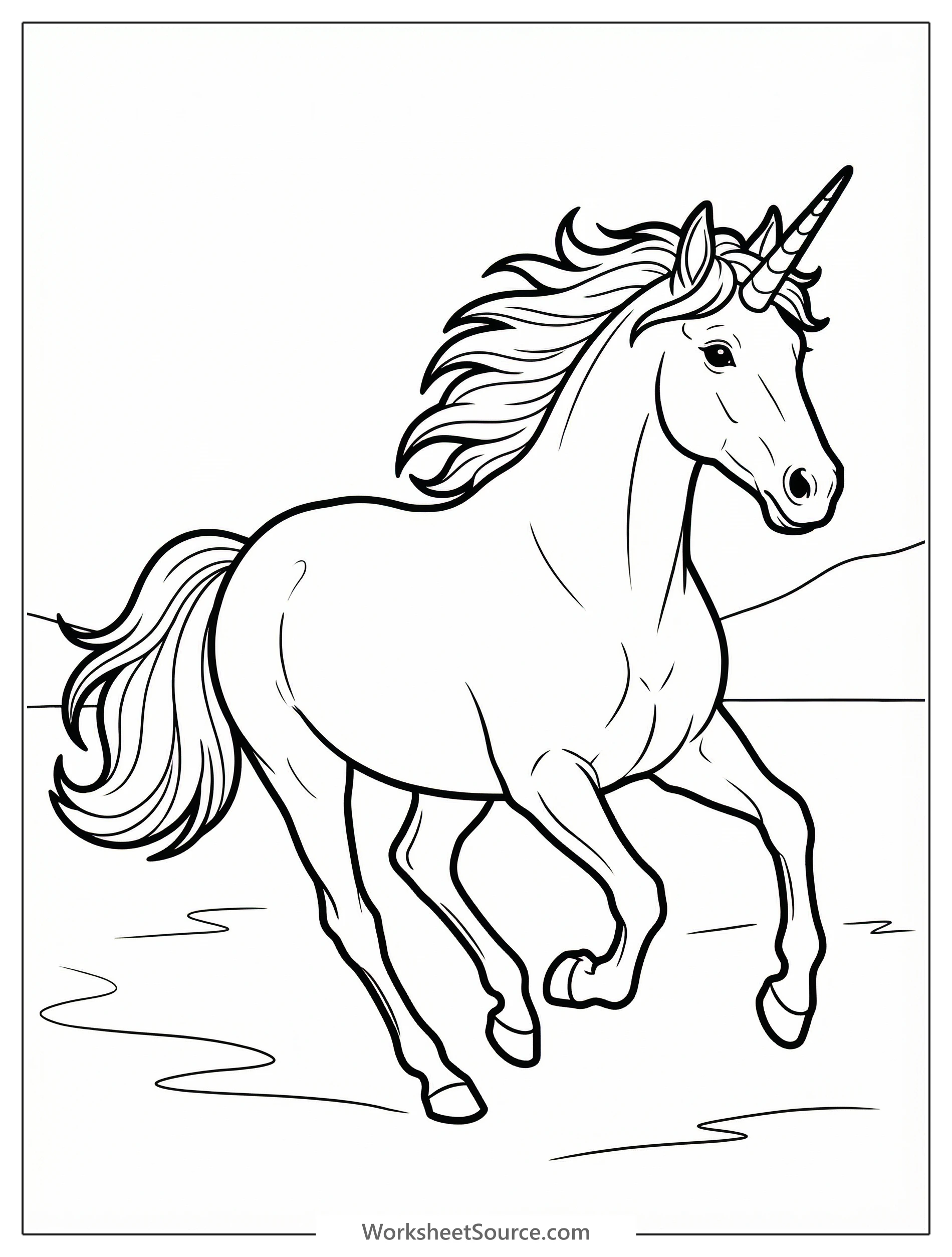 Line art of a majestic, realistic unicorn with a flowing mane and tail, powerfully galloping across an open field, capturing dynamic motion and grace.